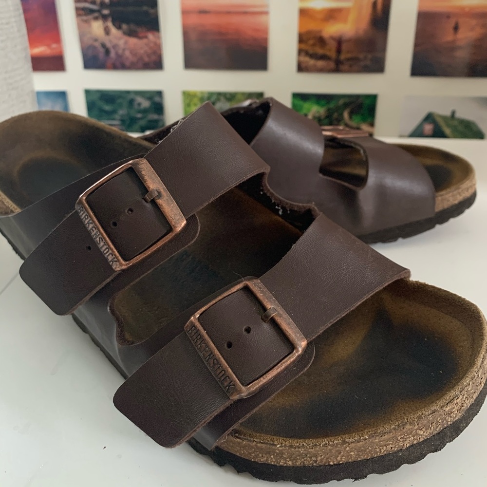 dark brown birkenstock’s worn a few times!